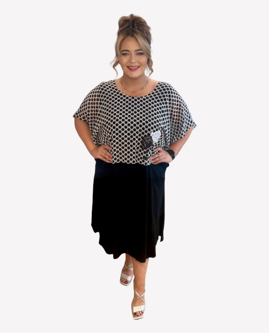 CNG Black And White Polka Dot Layered Dress