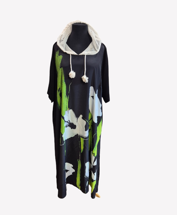 CNG Maxi Dress - Green and White Flower & Mesh Hood