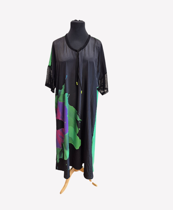 CNG Maxi Dress - Green and Purple Flower & Mesh Sleeve